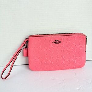 Coach Coral Pink Embossed Signature Double Zip Wristlet Clutch